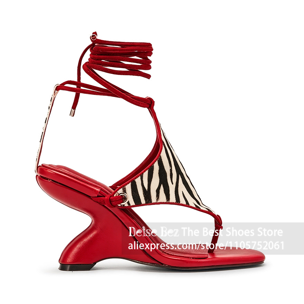 Strappy Heeled Sandals - Zebra Print Lace up Sculptural Heel